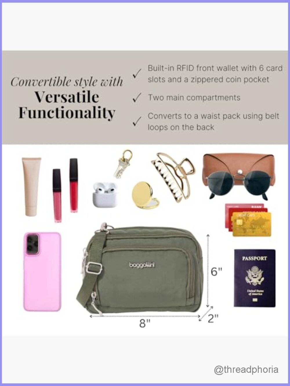 Triple Zip Crossbody Wallet RFID Convertible Fanny Pack - Picture 4 of 7